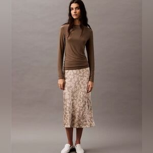 Calvin Klein Floral Satin Neutral Color Midi Skirt L